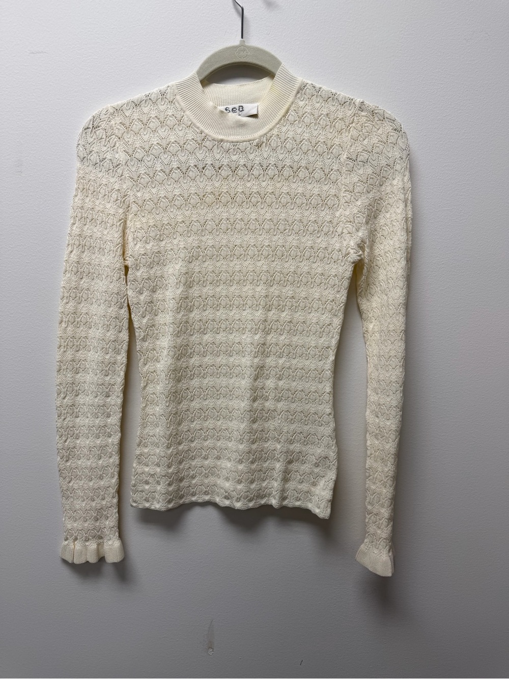 Sea Cream Pointelle Knit Long-Sleeve Top